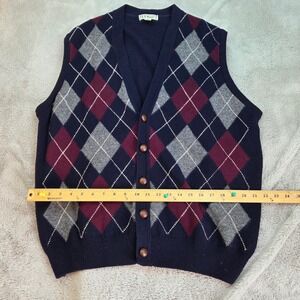 LL Bean Argyle Cardigan Vest Mens XL Navy Blue Lambswool Made in Ireland V-Neck